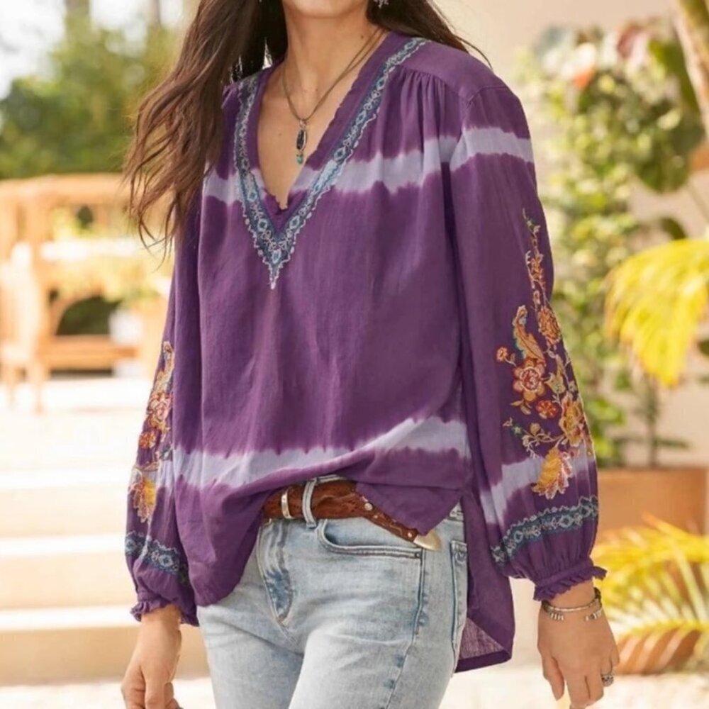 Sundance Tripoli Tie Dyed Embroidered Blouse Balloon Sleeve Purple Oversized XS